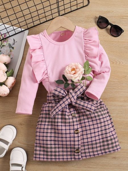 

toddler girls ruffle trim tee & plaid print belted skirt she01, White