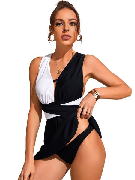 

color block criss cross ruffle hem bikini swimsuit v3yo#, White;black