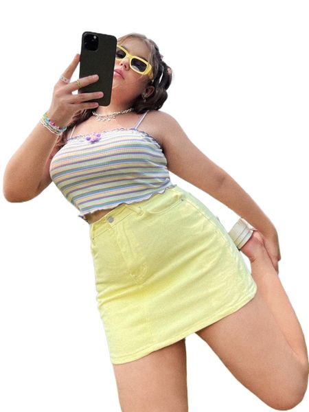 

plus striped print stereo floral lettuce trim crop cami m6j8#, Black