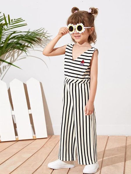 

toddler girls cartoon embroidery striped print wide leg jumpsuit she, Blue