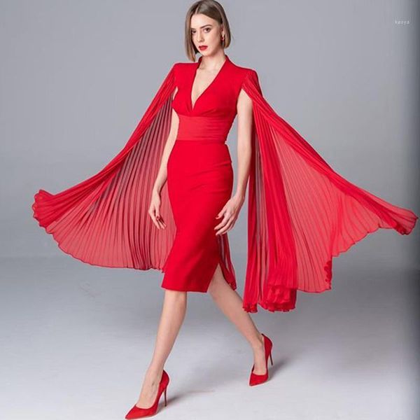 Lässige Kleider Großhandel 2022 Est Frauen Kleid Rot V-Ausschnitt Sexy Batwing Sleeve Celebrity Cocktail Party Bandage