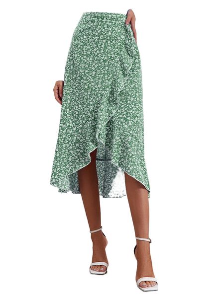 

ditsy floral print lettuce trim ruffle hem skirt q3jl#, Black