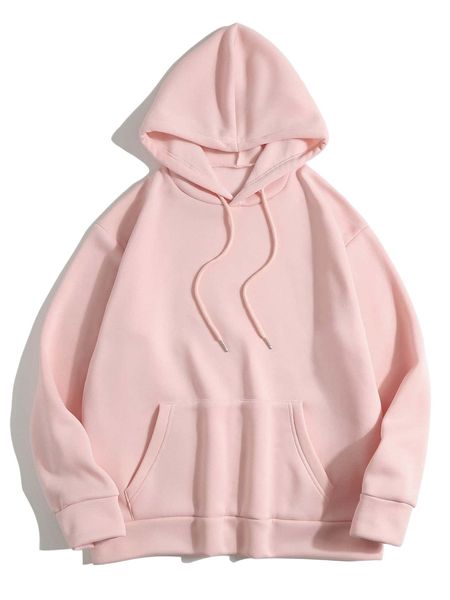 

solid kangaroo pocket drawstring thermal hoodie d3my#, Black