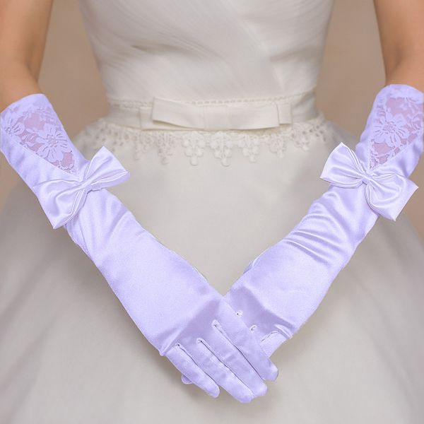 

bridal gloves elbow long large bow lace satin pointed wedding dress gloves, White