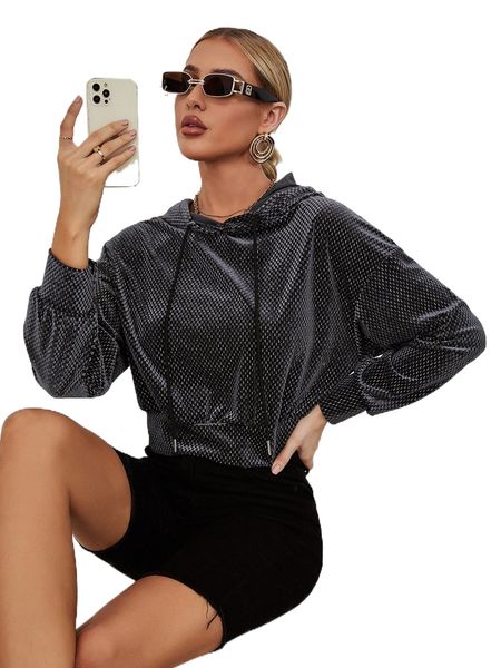 

batwing sleeve drawstring detail crop velvet hoodie g8zp#, Black