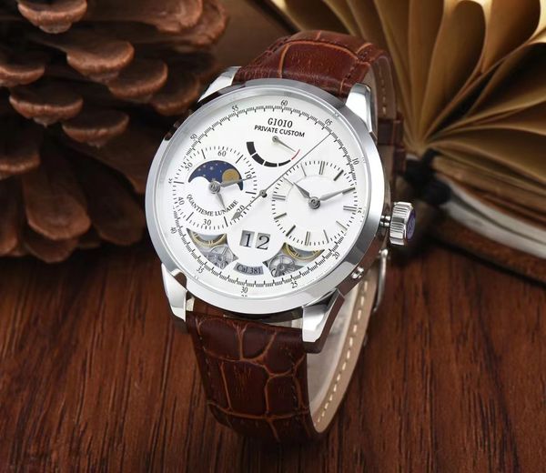 

mens automatic watch mechanical moon phase black brown leather, Slivery;brown
