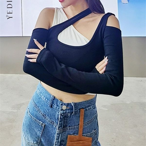 

yedinas punk fashion black white patchwork long sleeve crop female harajuku grunge off shoulder bodycon autumn 220427