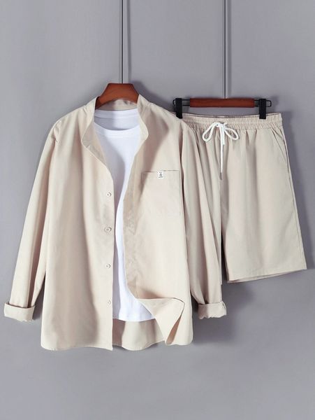 

men letter patch pocket front shirt & drawstring shorts without tee o5ko#, Gray