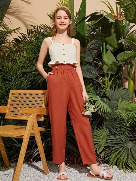 

teen girls button front ruffle hem cami & paperbag waist pants set she, White