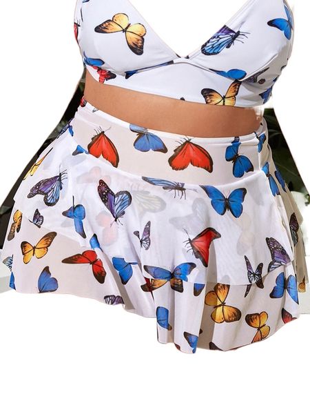

plus butterfly print bikini bottom with beach skirt e1pa#, Black