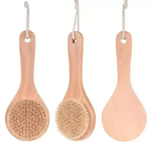 Spazzola per il corpo della pelle secca con manico corto in legno Setole di cinghiale Doccia Scrubber Massaggiatore esfoliante FY5312 P0718