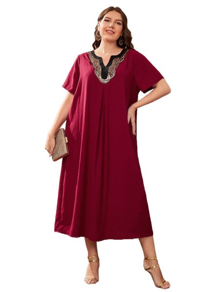 

plus notched neck embroidery tunic dress a35x#, Black