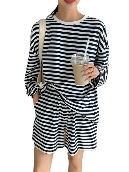 

dazy striped drop shoulder tee & shorts t26g#, White