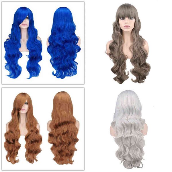 

qqxcaiw rainbow colorful long curly wig cosplay party women high temperature synthetic hair wigs 220622, Black