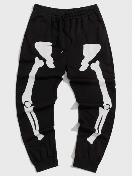 

romwe guys skeleton graphic drawstring sweatpants x6oo#, Black