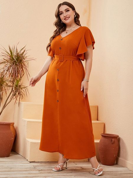 

plus butterfly sleeve fake button belted dress t25g#, Black
