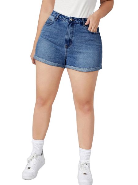 

plus roll hem slant pocket denim shorts d7dg#, White;black