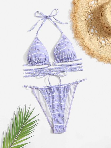 

ditsy floral print lace up halter bikini swimsuit l1cj#, White;black