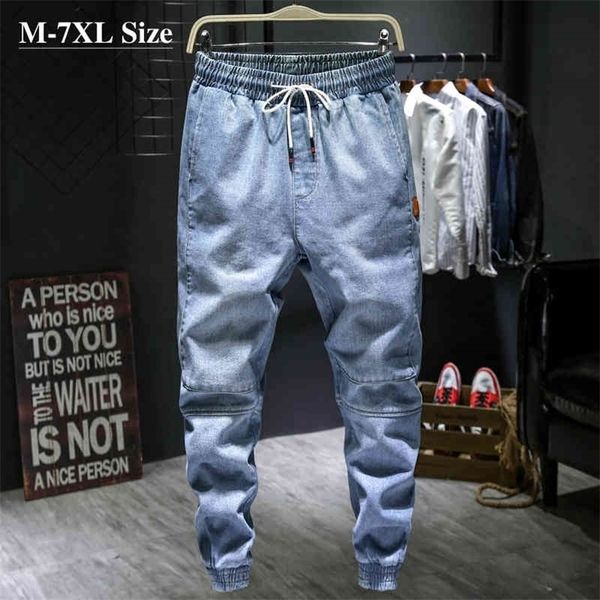 

autumn new men s light blue harem jeans plus size 5xl 6xl 7xl elastic waist denim pants male brand trousers 210330