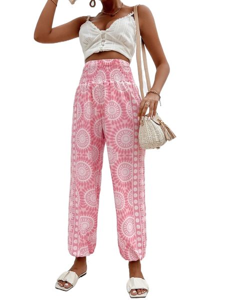 

mandala print shirred carrot pants w7kf#, Black;white