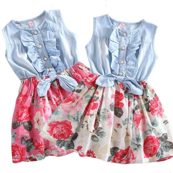 

summer girls dress princess denim floral stitching sleeveless dresses bowknot ruffle for girl clothes 3 5 6 7 8 9, Red;yellow