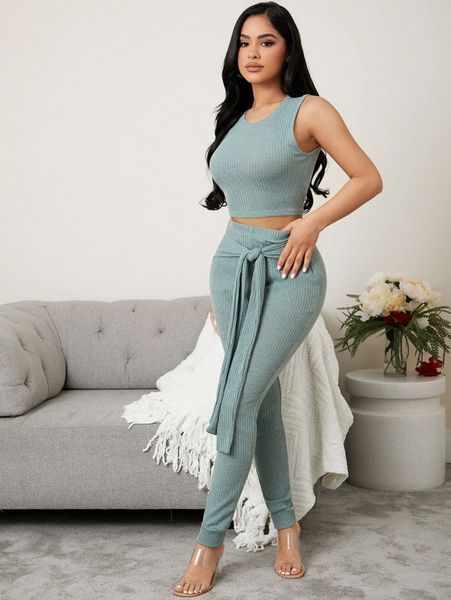 

tank & knot front leggings lounge set t339#, Black;red