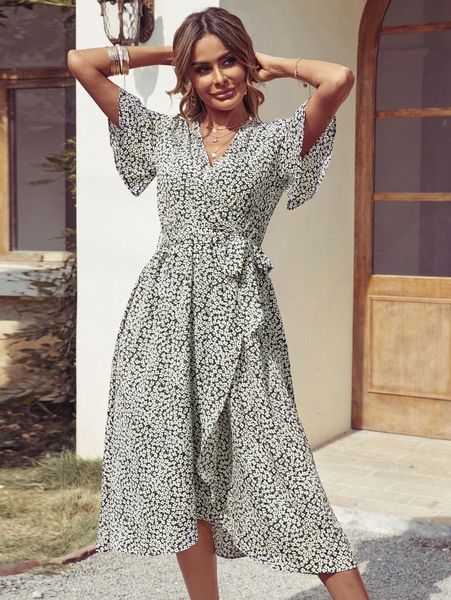 

ditsy floral flutter sleeve wrap hem belted dress s01y#, Black;gray