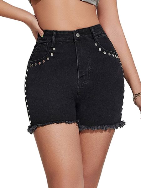 

studded trim raw hem denim shorts 38ak#, White;black