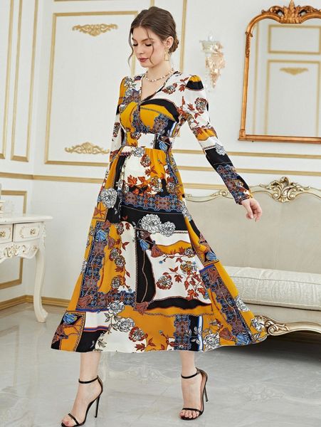 

floral & tassel print surplice neck dress q5fh#, Black;gray