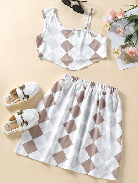 

girls argyle print asymmetrical neck curved hem & skirt she, White