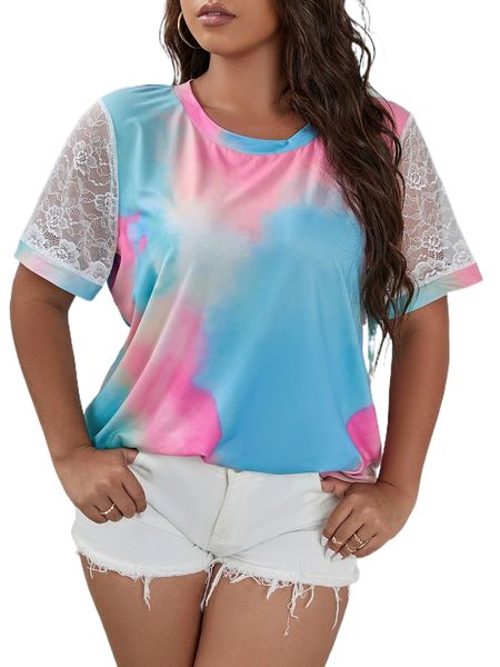 

plus tie dye contrast lace tee l6cz#, Black