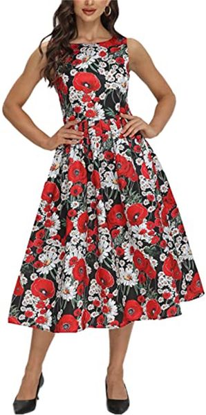 

& tees vintage tea dress 1950s sleeveless flower swing cocktail dress, White