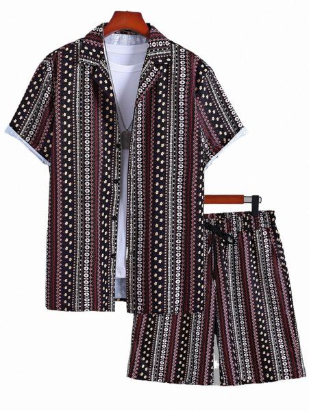 

men ditsy floral shirt & drawstring waist shorts without tee 27l3#, Gray