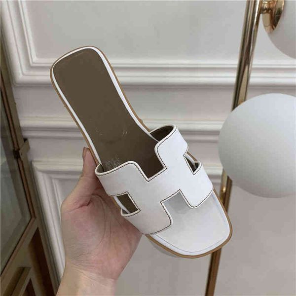 

designer slippers herme slides h family women's summer 2022 new versatile color matching leather one line wear flat bottomed beach sand, Black