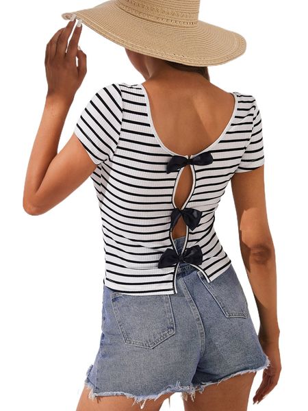 

tall striped print bow back tee q9pq#, White