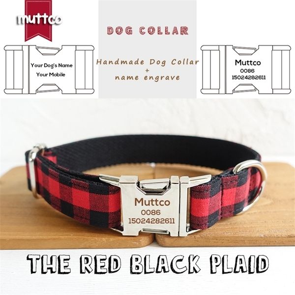 MUTTCO personalisiertes Hunde-ID-Tag-Halsband für Chihuahua-Pudel, THE RED BLACK PLAID, individueller Kosename und Telefonnummer, 5 Größen UDC074 220610