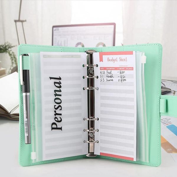 Cadeauverpakking -2X Budget Binder A6 PU Lederen Notebook Planner Organizer Hervulbare 6 Ring Cover Letter Sticker Labels GreenGift