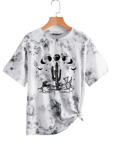 

plus moon and cactus print tie dye tee d99k#, Black