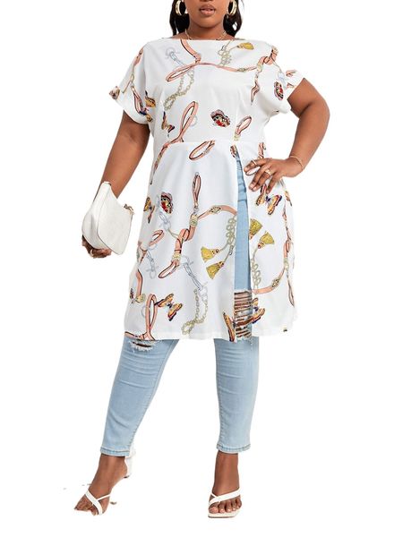 

sxy plus chain print split hem batwing sleeve blouse r5z0#, Black