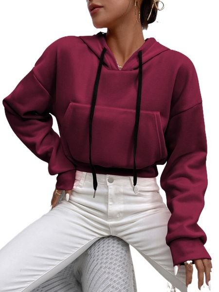 

drop shoulder crop hoodie h1sm#, Black