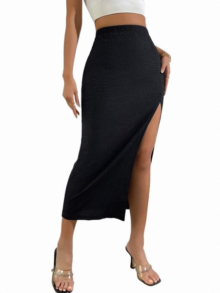 

high waist split thigh skirt n7cg#, Black