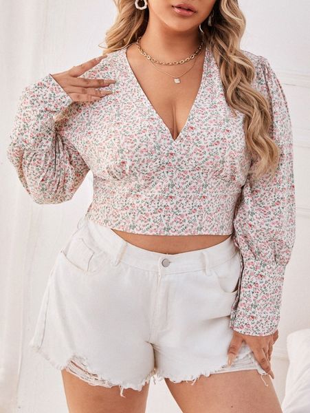 

plus ditsy floral print puff sleeve crop bustier blouse p2zf#, Black