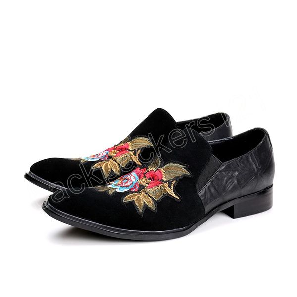 Bordado de flores artesanal Bordado preto Mens camurça sapatos de couro pontudo