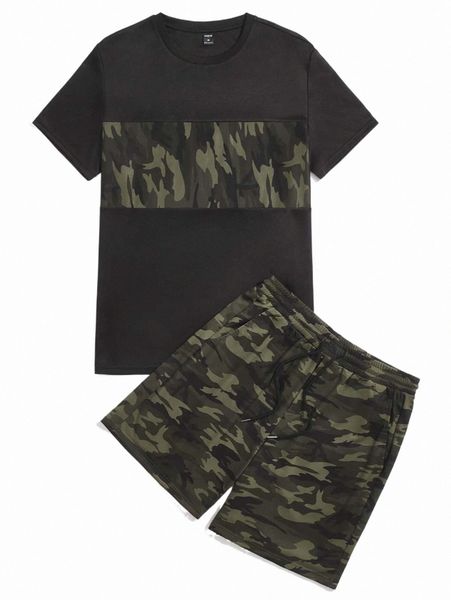 

men camo print tee & drawstring pocket shorts f9hi#, Gray