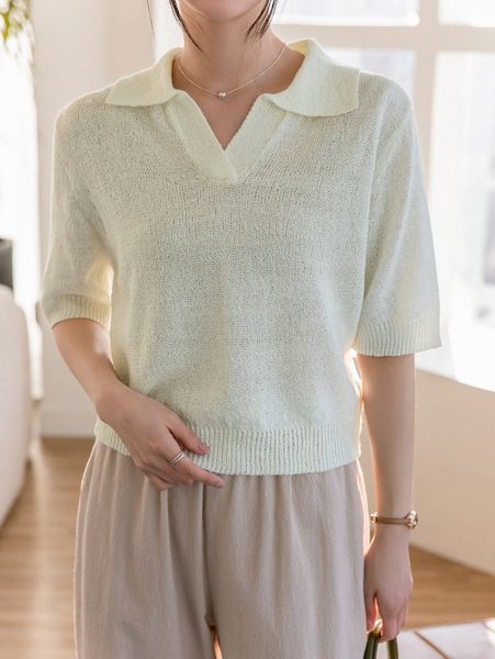 

dazy-less solid half sleeve knit w8ip#, White;black