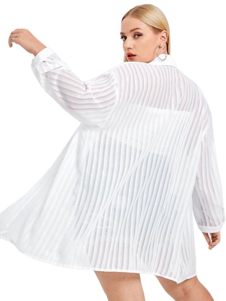 

plus button through drop shoulder sheer blouse h43p#, Black
