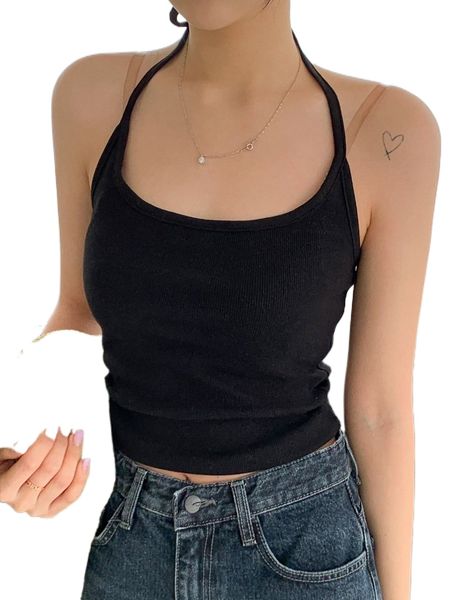 

dazy solid backless ribbed knit halter c5rw#, White