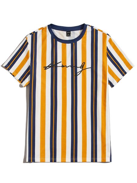

men striped & letter graphic contrast binding tee f2tl#, White;black
