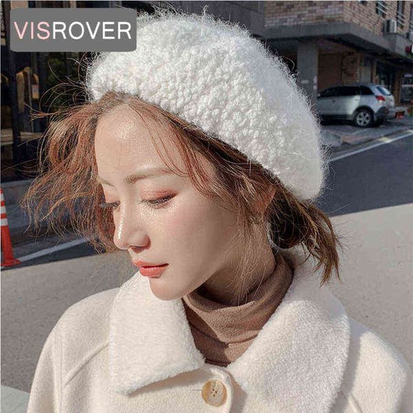 

visrover 8 colorways winter wool beret solid color female wool cap winter autumn spring hat long fur women boina wholesale j220722, Blue;gray
