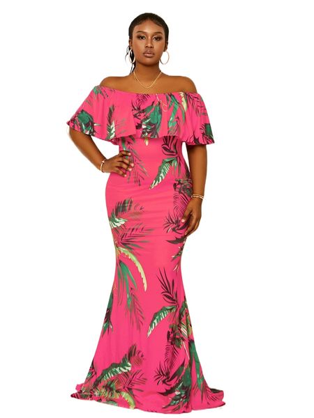 

plus tropical print off shoulder ruffle trim maxi formal dress x9kv#, Black